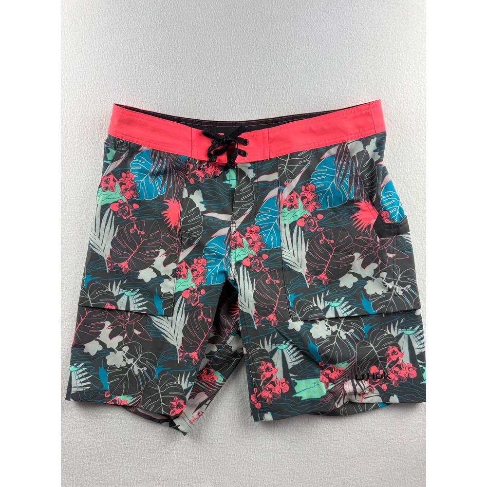 Huk Mens Tropical Floral Palm Print Board Shorts Grey Pink Teal Size 34